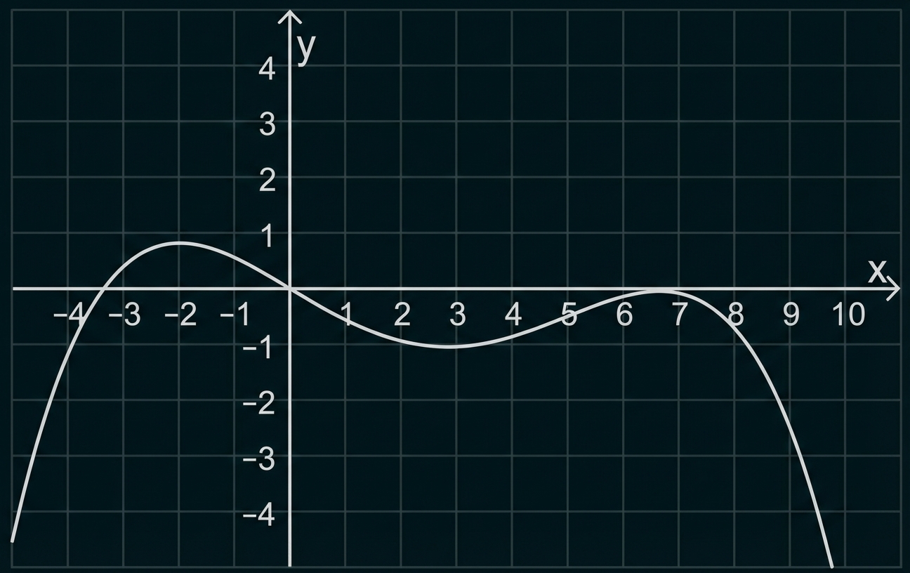 Graph einer geschwungenen Funktion im rechtwinkligen Koordinatensystem mit x- und y-Achse und mehreren Hoch- und Tiefpunkten.