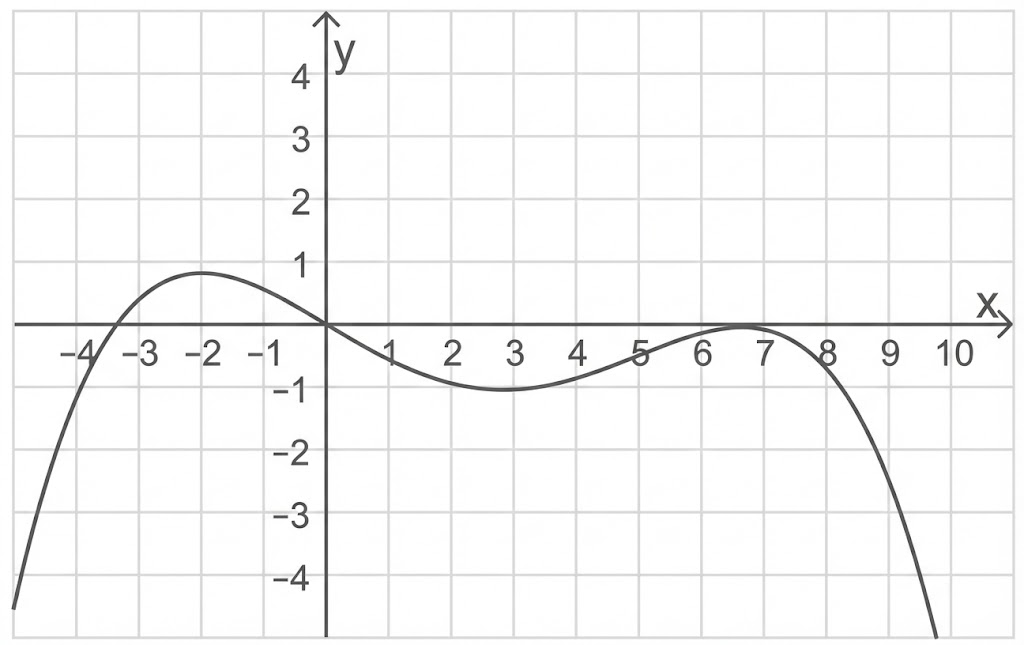 Graph einer geschwungenen Funktion im rechtwinkligen Koordinatensystem mit x- und y-Achse und mehreren Hoch- und Tiefpunkten.