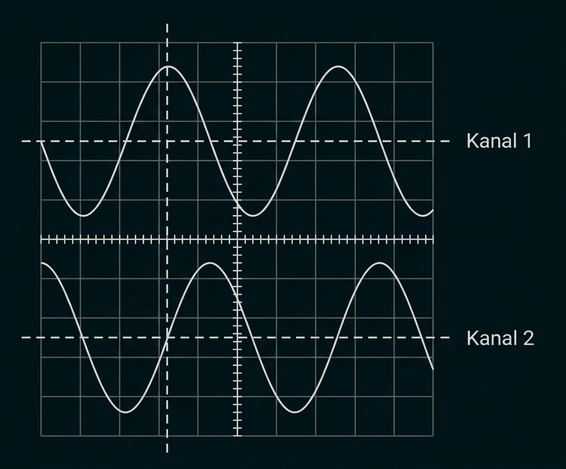 Zwei Sinuskurven auf kariertem Messgitter, gestrichelte Achsen und Beschriftungen "Kanal 1" und "Kanal 2"
