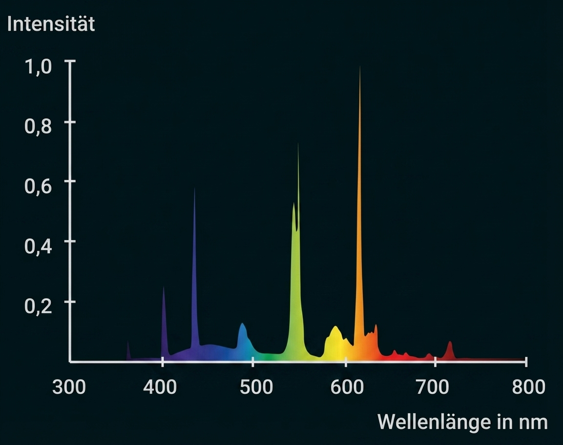 Diagramm: Intensität vs. Wellenlänge (300–800 nm) mit farbigen Spektralspitzen in Blau, Grün, Gelb, Orange und Rot.