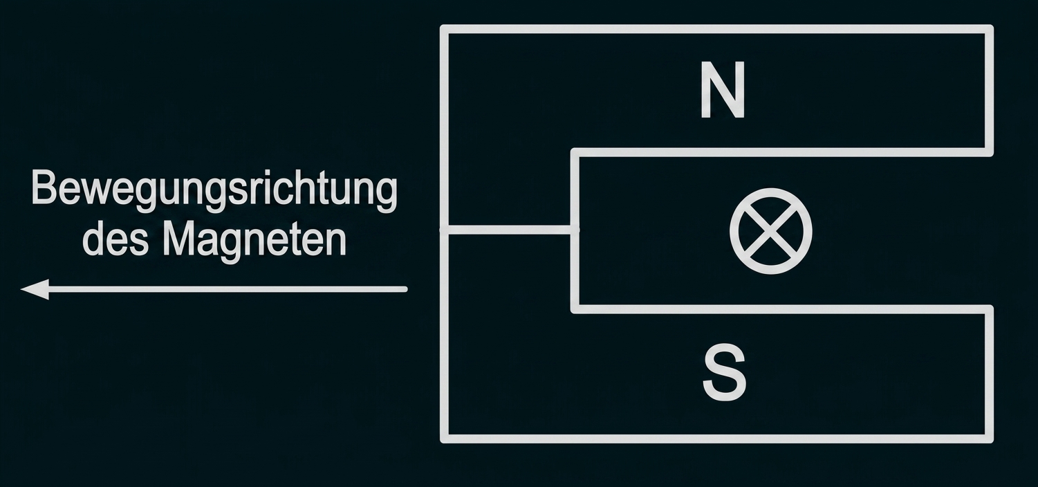 Schematische Darstellung eines Magnetfelds mit Nord- und Südpol sowie Bewegungsrichtung des Magneten