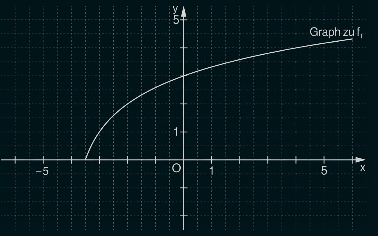 Koordinatensystem mit x- und y-Achse und einem nach rechts ansteigenden, gebogenen Funktionsgraphen (beschriftet "Graph zu f").