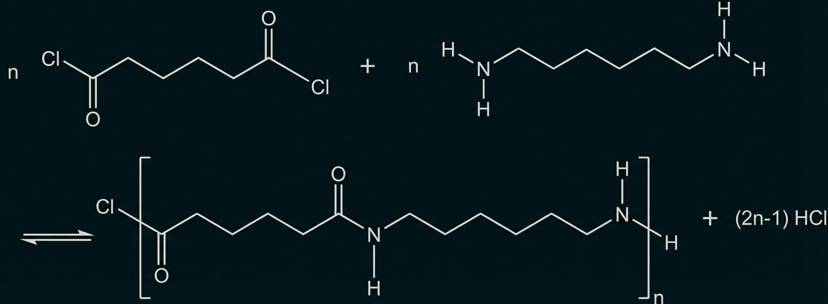 Reaktionsgleichung Nylon-Synthese Hexan-1,6-disäuredichlorid Hexan-1,6-diamin unter Bildung von Chlorwasserstoff