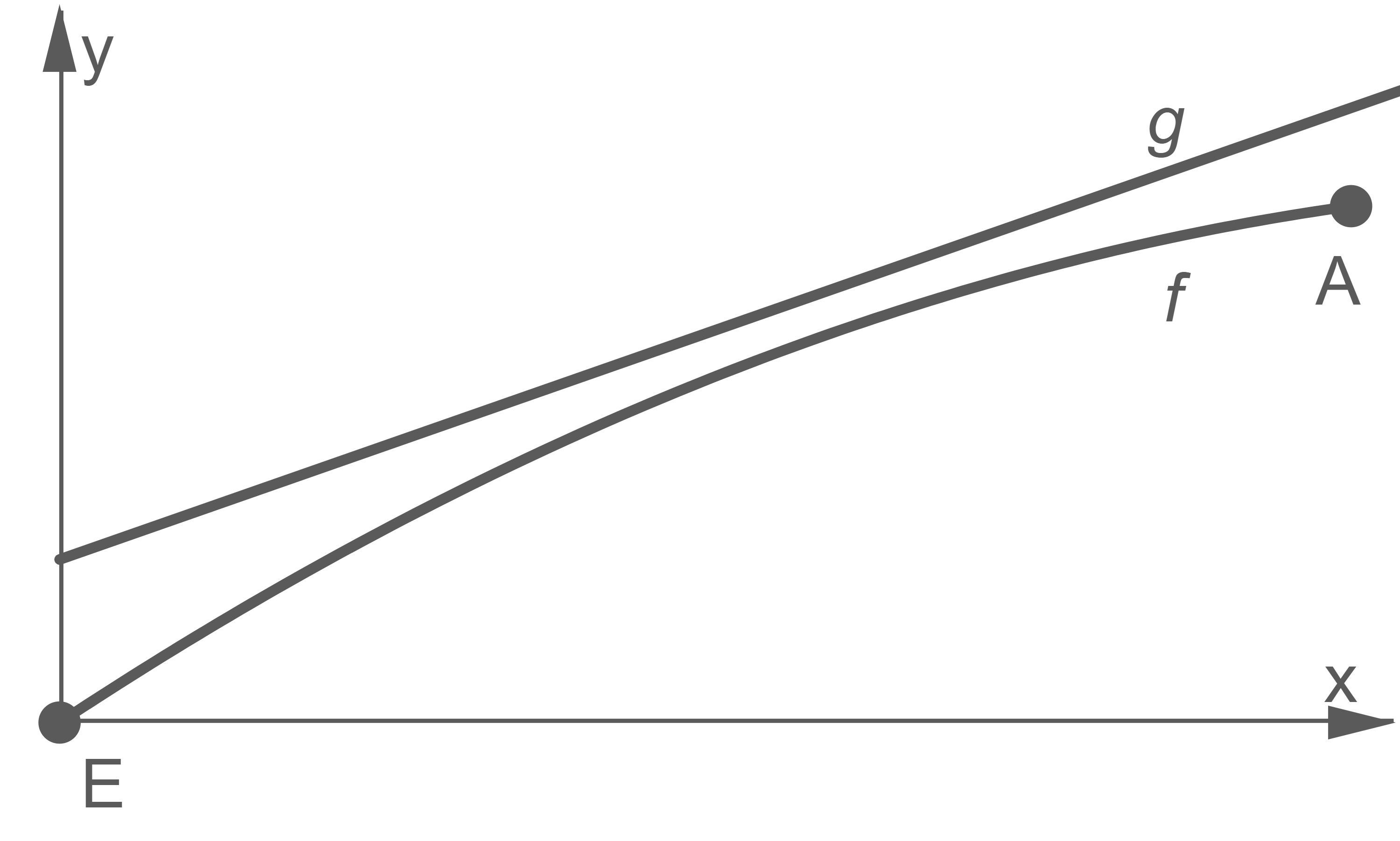 Koordinatensystem mit x- und y-Achse, zwei steigenden Kurven f und g und Punkt A rechts oben.