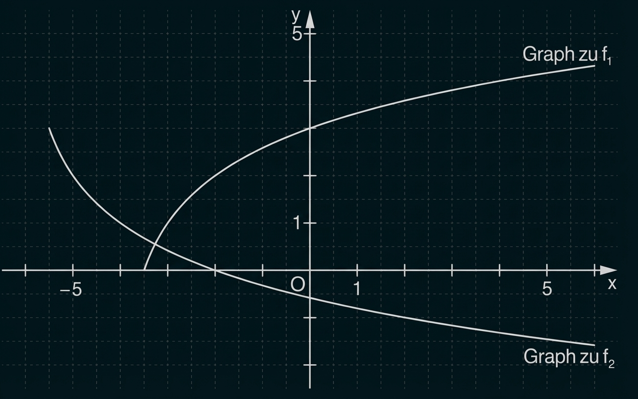 Koordinatensystem mit zwei Kurven: obere leicht steigende f1, untere fallende f2, Ursprung O markiert.