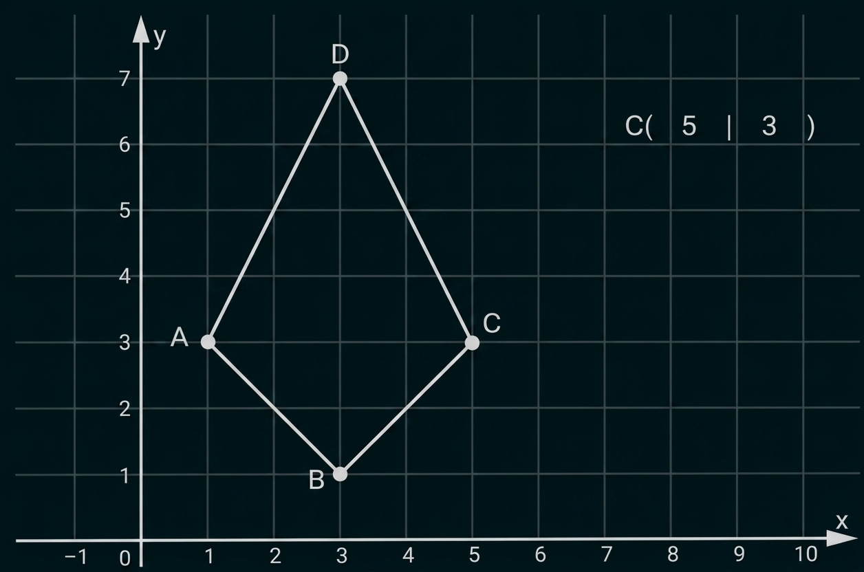 Koordinatensystem mit einem Viereck und den Punkten A, B, C und D.