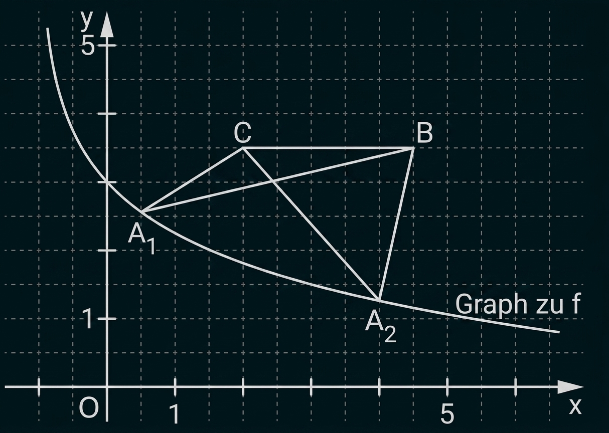 Koordinatensystem mit fallender Kurve, Gitter und markierten Punkten A1, C, B und A2, verbunden durch Dreiecks- und Liniensegmente.