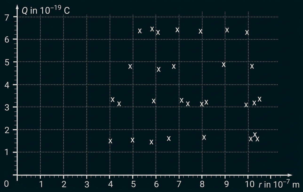 Q(r)-Diagramm: Ladung Q in 10^-19 C über dem Radius r in 10^-7 m. Die Messpunkte liegen für Radien zwischen etwa 4 und 10,5 · 10^-7 m in vier waagerechten Gruppen bei etwa 1,6; 3,2; 4,8 und 6,4 · 10^-19 C.