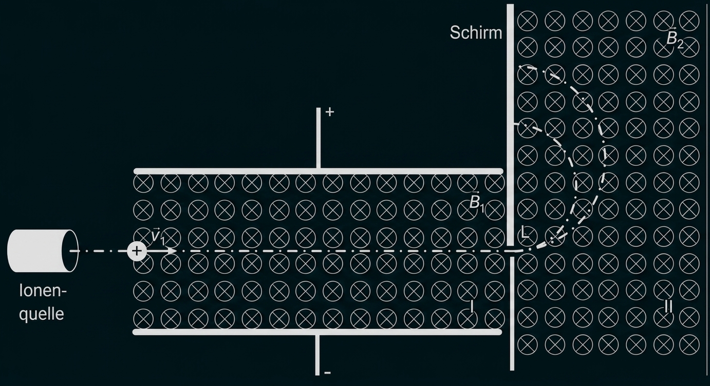 Schematische Darstellung: positives Ion aus Quelle, durch elektrische Platten, im Magnetfeld abgelenkt zum Schirm.