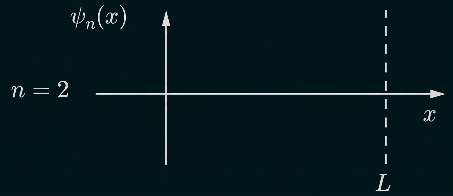 Koordinatensystem mit ψ_n(x), n=2, x‑Achse und gestrichelter Linie bei x=L