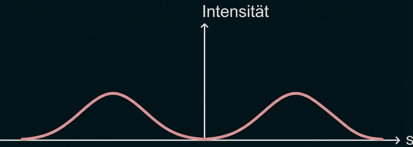 Diagramm mit horizontaler Achse S, vertikaler Achse "Intensität" und zwei symmetrischen roten Wellenbergen links und rechts