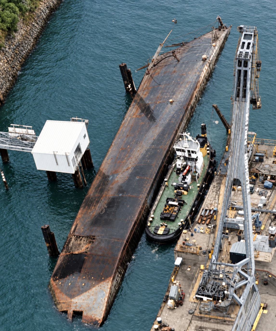 Rostiges Frachtschiff und Schlepper in einem Hafenbecken neben einer Industrieanlage.