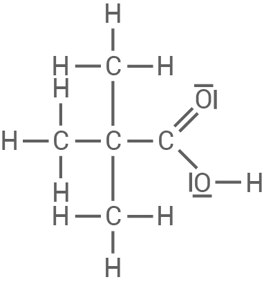 Chemische Strukturformel eines Moleküls mit Kohlenstoff, Wasserstoff und Sauerstoff.