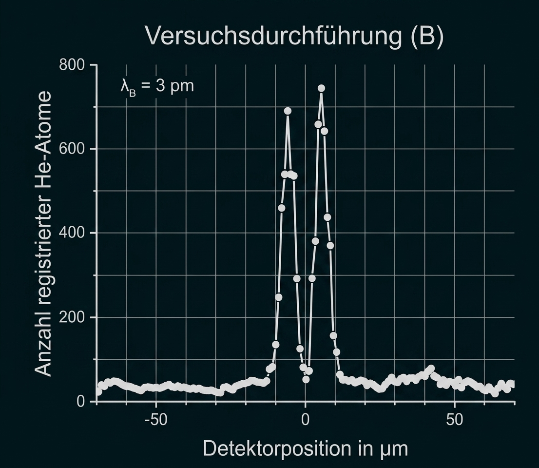 Diagramm: Anzahl registrierter He-Atome vs Detektorposition (µm), schmale Spitzen um 0 µm, Titel "Versuchsdurchführung (B)".