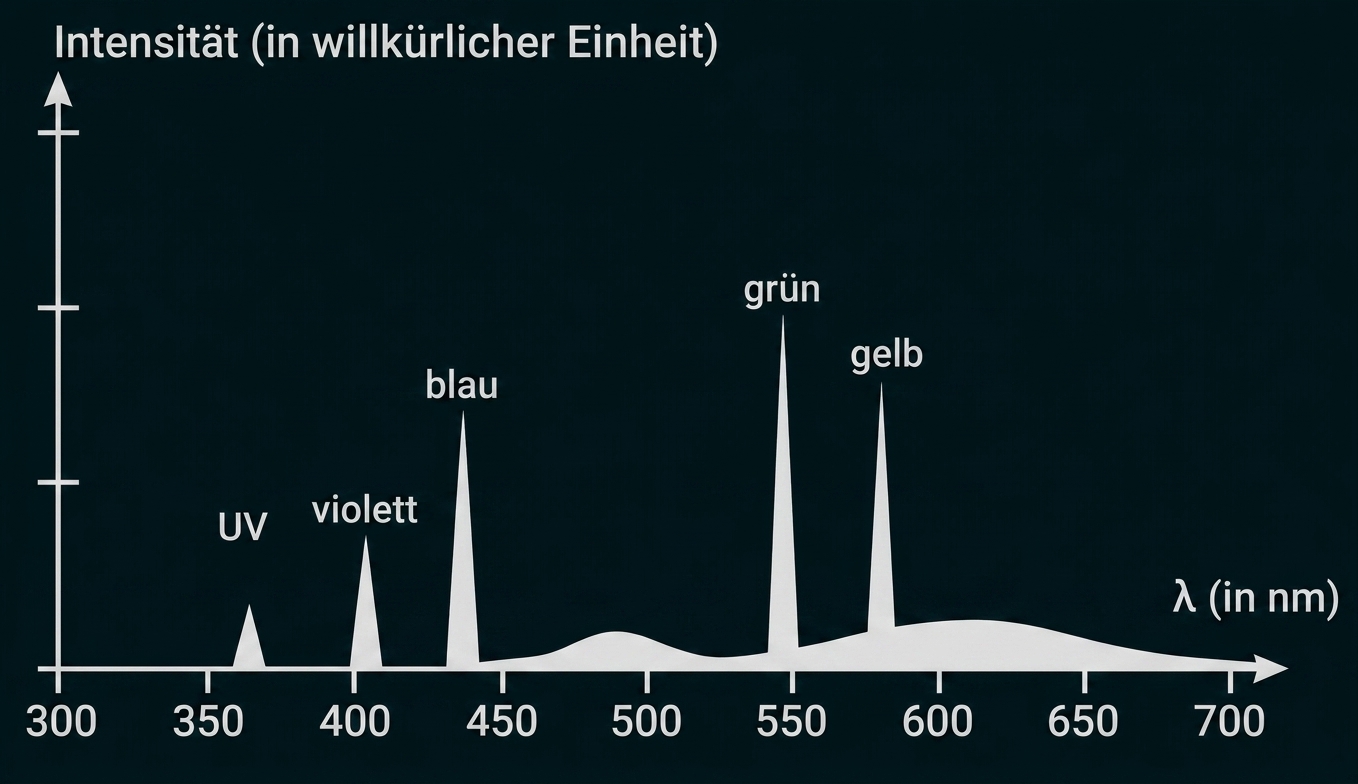 Grafik: Intensität über Wellenlänge mit Spitzen bei UV, violett, blau, grün und gelb (300–700 nm)