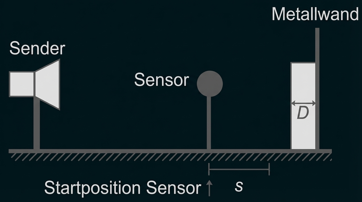 Schematische Darstellung: Sender links, Sensor in der Mitte, Metallwand rechts mit Abstand D und Startposition s.