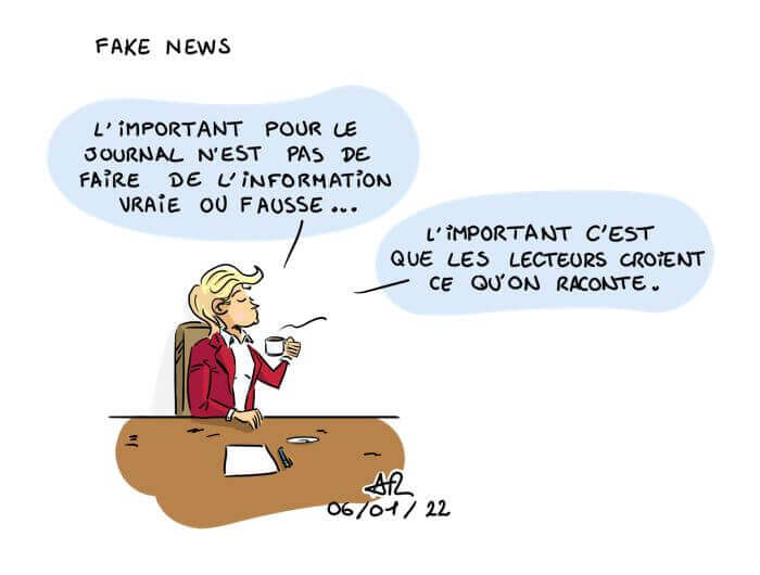 Karikatur: Redakteur am Schreibtisch, Sprechblasen über "Fake News" und Leser, die dem Gesagten Glauben schenken.