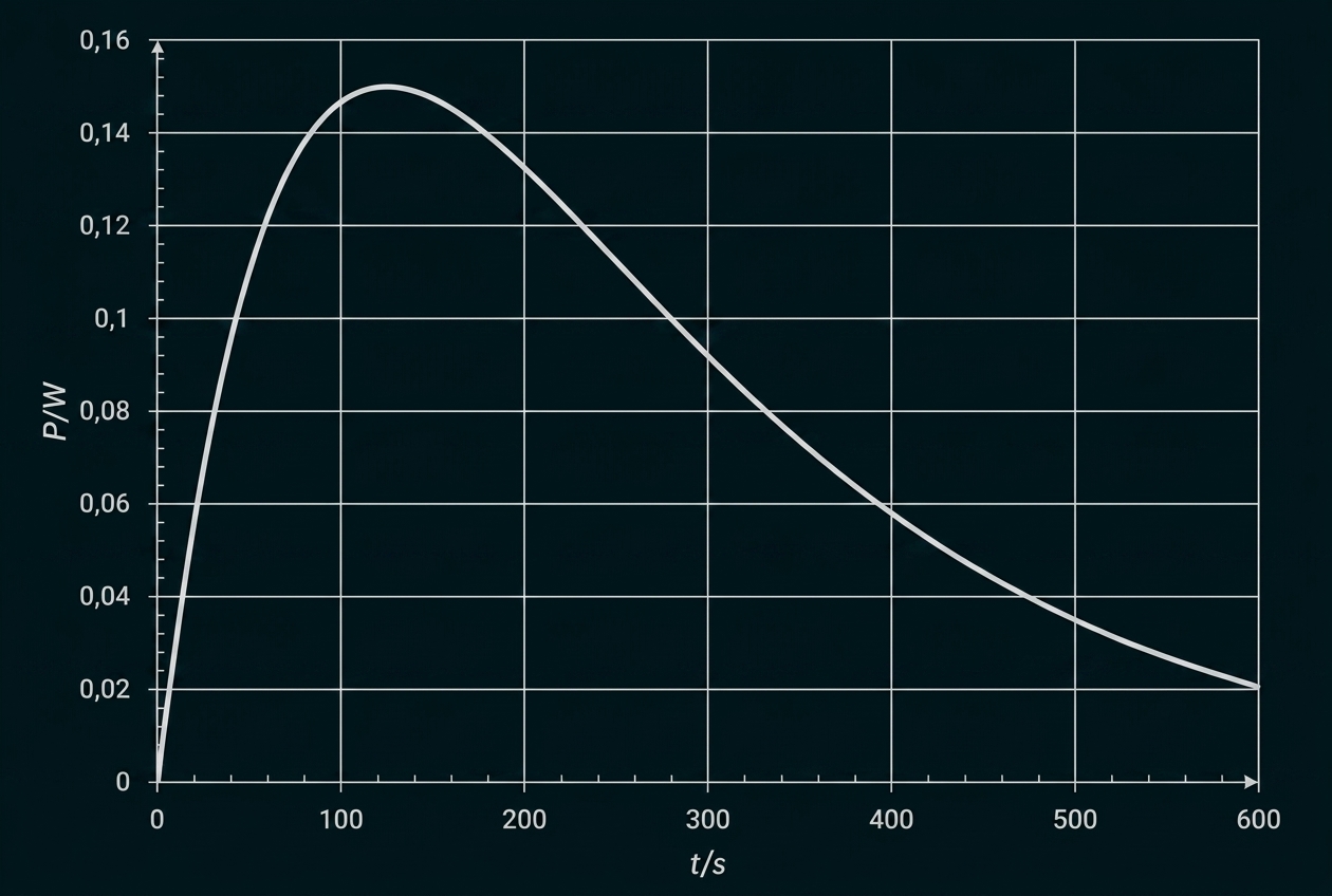 Diagramm: Kurve P (W) gegen t (s), schneller Anstieg zu ~0,15 W bei ~100 s, dann langsamer Abfall bis 600 s.