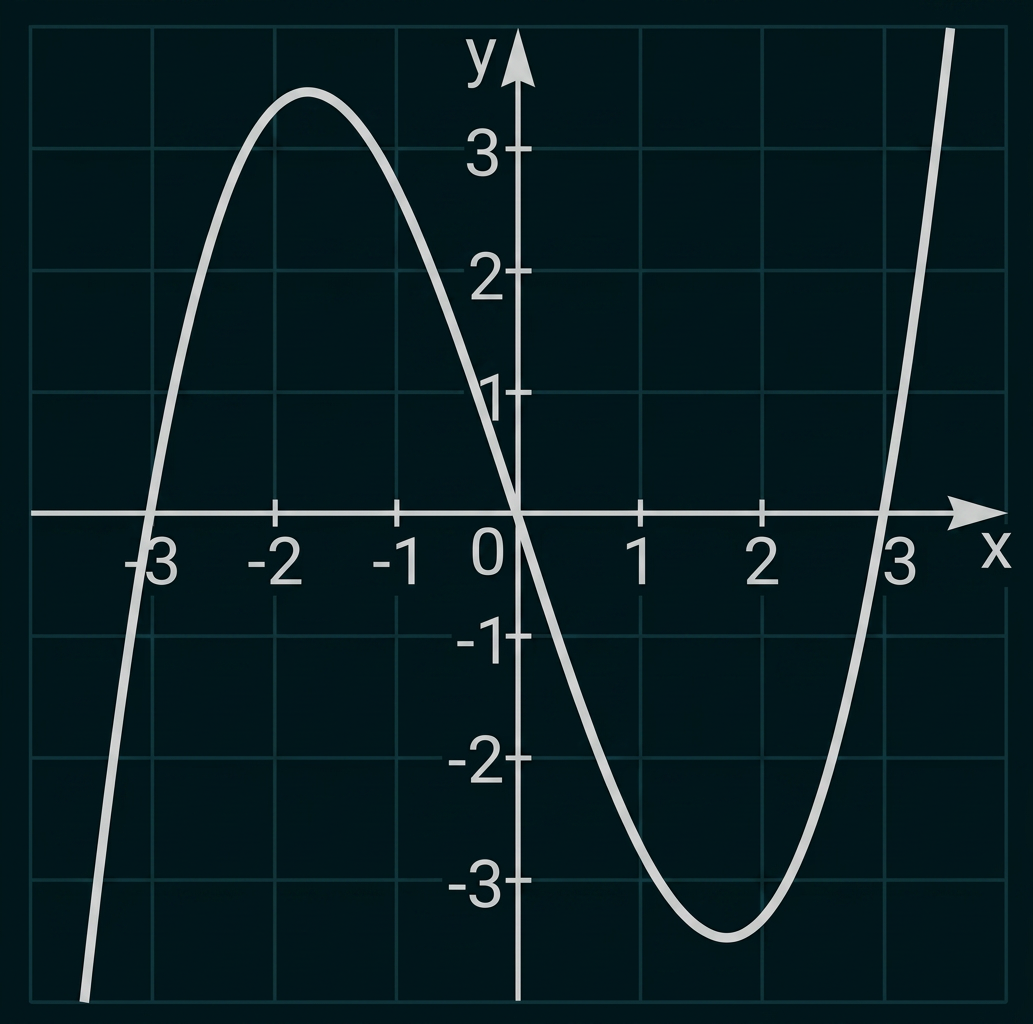 Graph einer kubischen Funktion mit Hochpunkt bei etwa (-2, 3,5) und Tiefpunkt bei (2, -3,5).