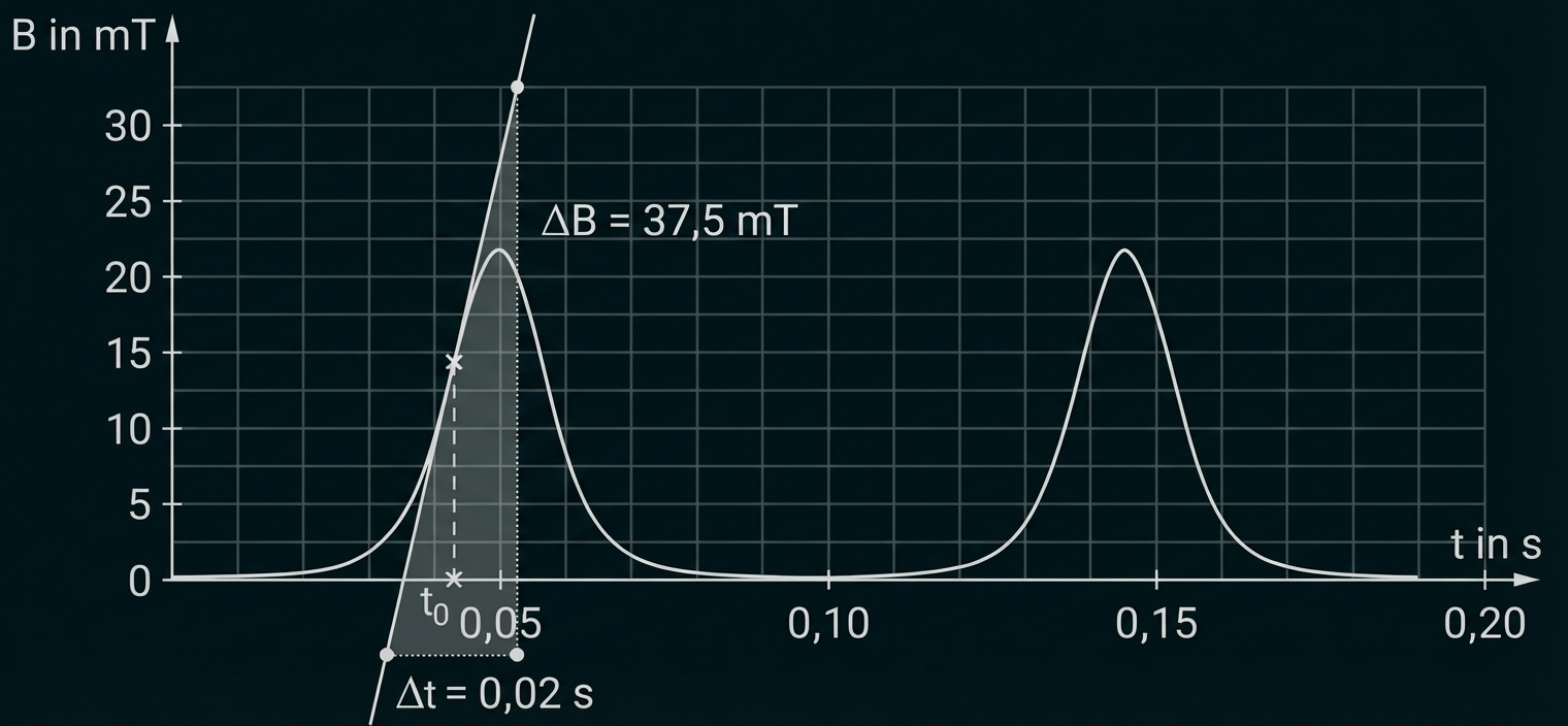 Diagramm: Magnetfeld B in mT über Zeit, zwei Peaks, markierte Fläche beim ersten Peak, Beschriftungen ΔB=37,5 mT und Δt=0,02 s