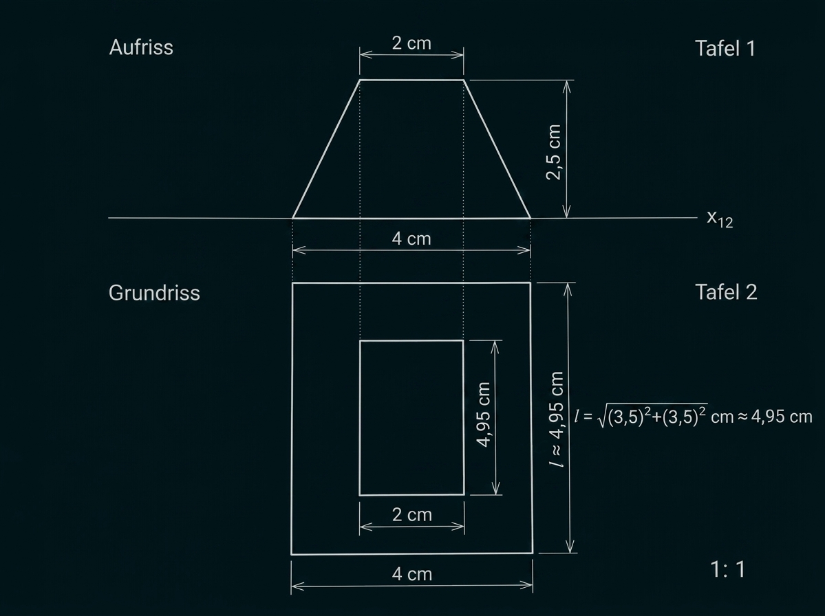 Technische Zeichnung eines Trapezes mit Maßen und Grundriss.