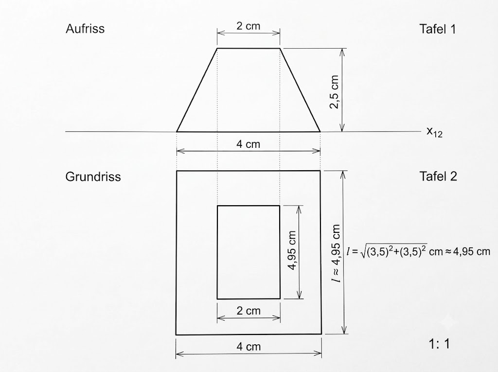 Technische Zeichnung eines Trapezes mit Maßen und Grundriss.