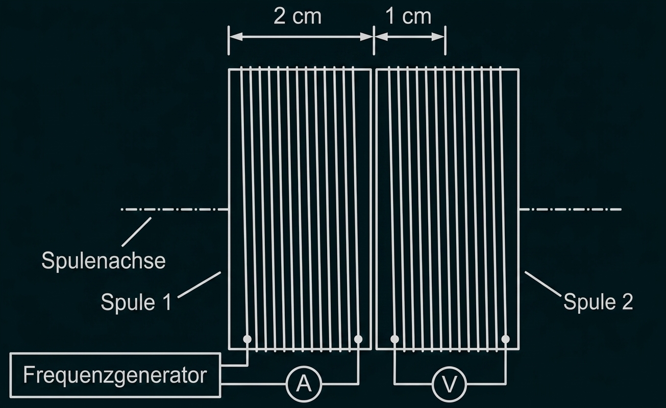 Schema von zwei Spulen mit Frequenzgenerator, Amperemeter und Voltmeter, beschriftete Spulenachse und Abstände.