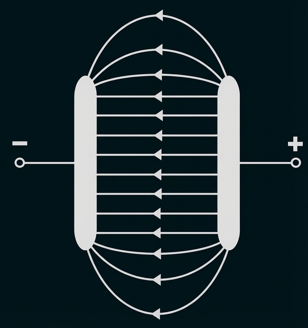 Schematische Darstellung elektrischer Feldlinien zwischen zwei Platten, Pfeile von + nach -.
