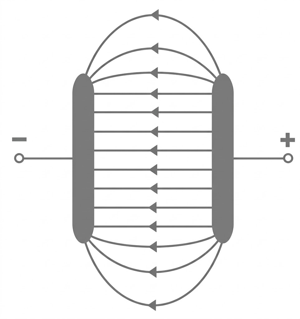 Schematische Darstellung elektrischer Feldlinien zwischen zwei Platten, Pfeile von + nach -.