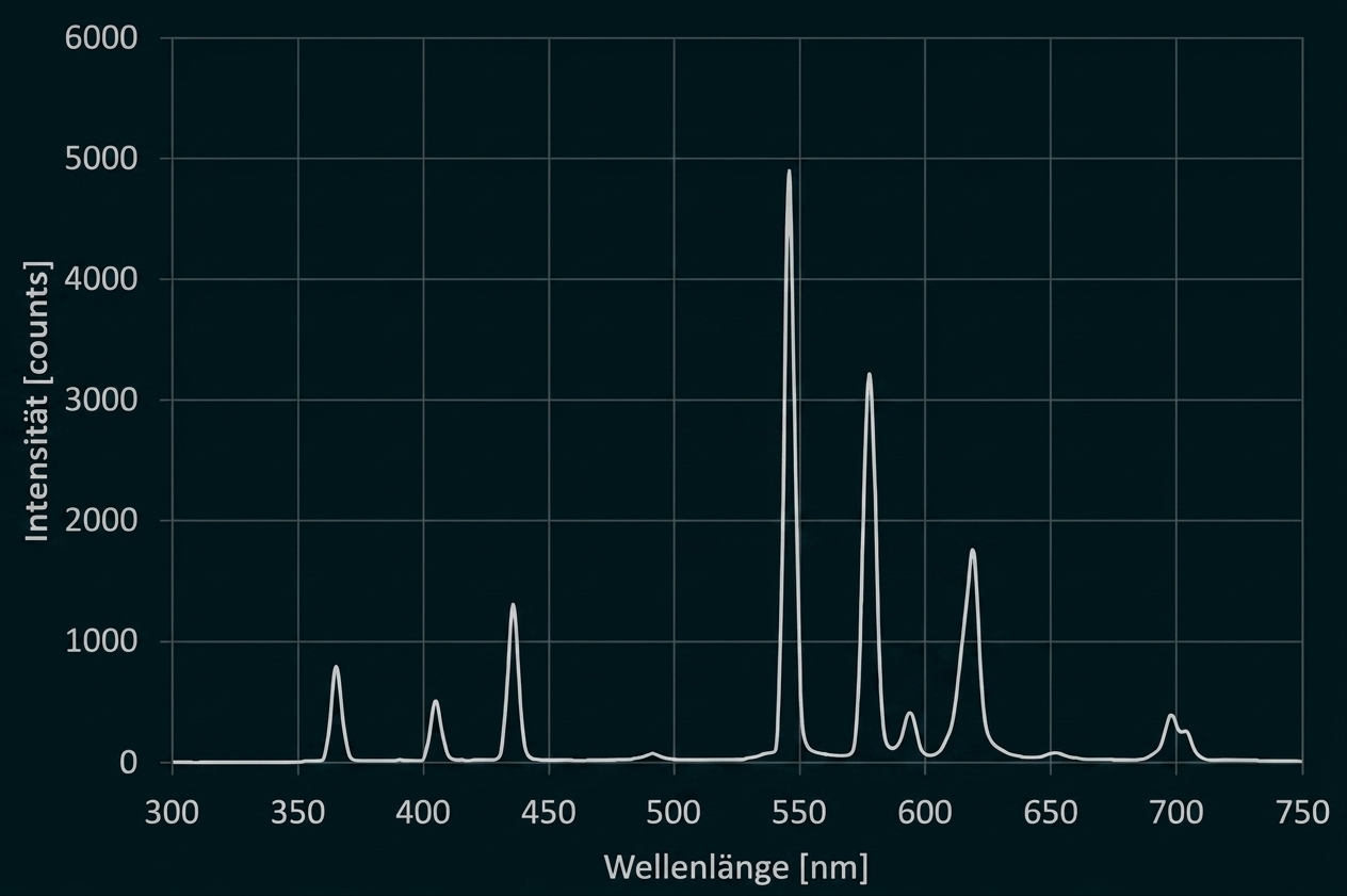 Emissionsspektrum (300–750 nm) mit mehreren Peaks, starke Intensitätsmaxima bei etwa 550 nm und 590 nm.