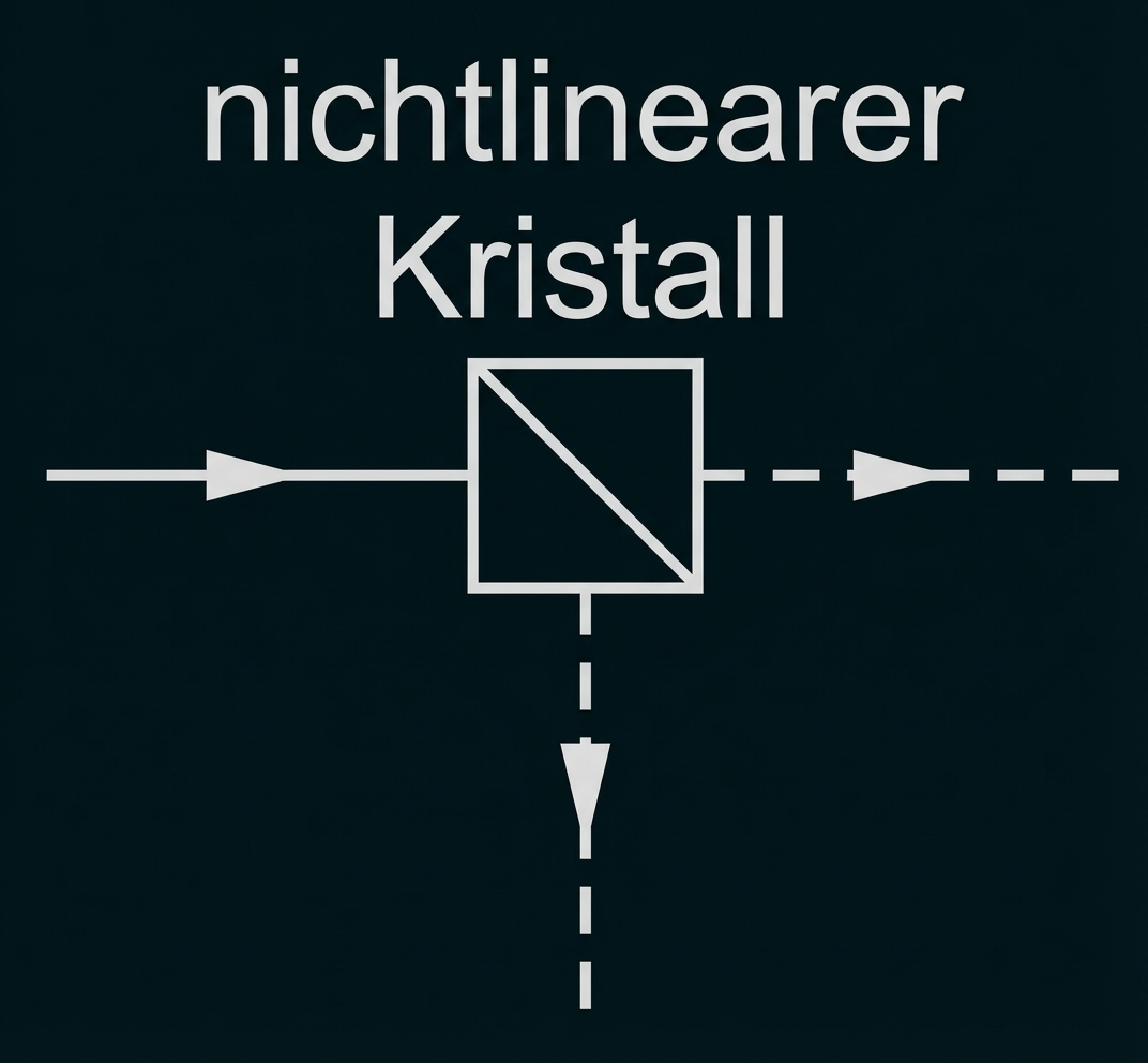 Symbol für nichtlinearen Kristall in Optikdiagramm, quadratisches Element mit diagonaler Markierung und ein- und ausgehenden Strahlen