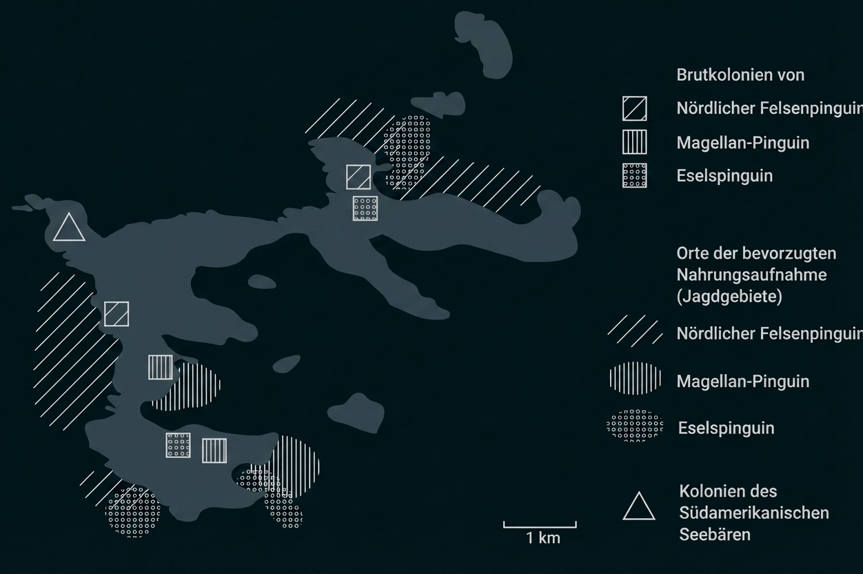 Inselkarte mit Symbolen für Brutkolonien und Jagdgebiete von drei Pinguinarten und Seebären, Legende rechts.