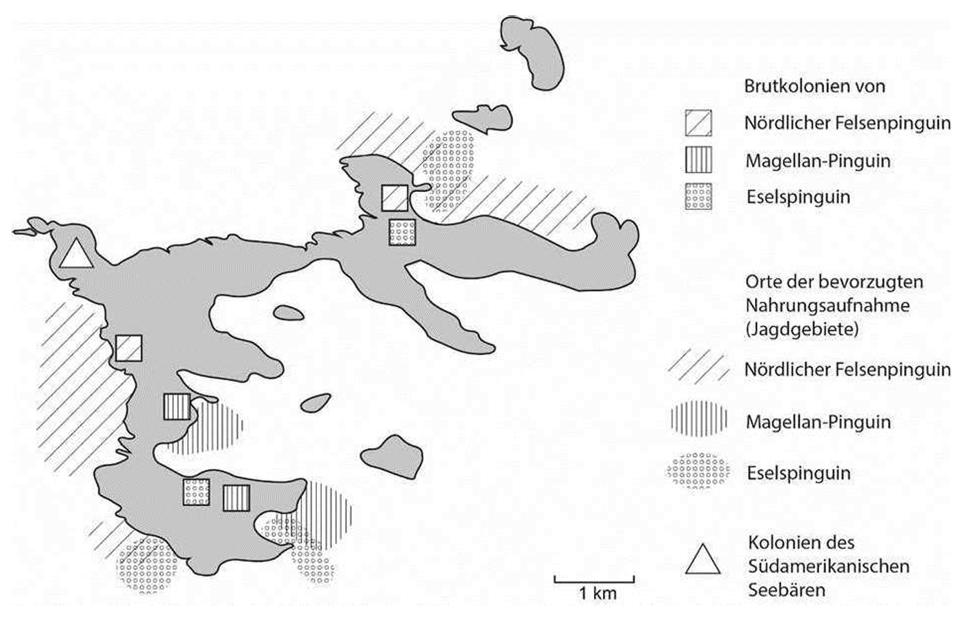 Inselkarte mit Symbolen für Brutkolonien und Jagdgebiete von drei Pinguinarten und Seebären, Legende rechts.