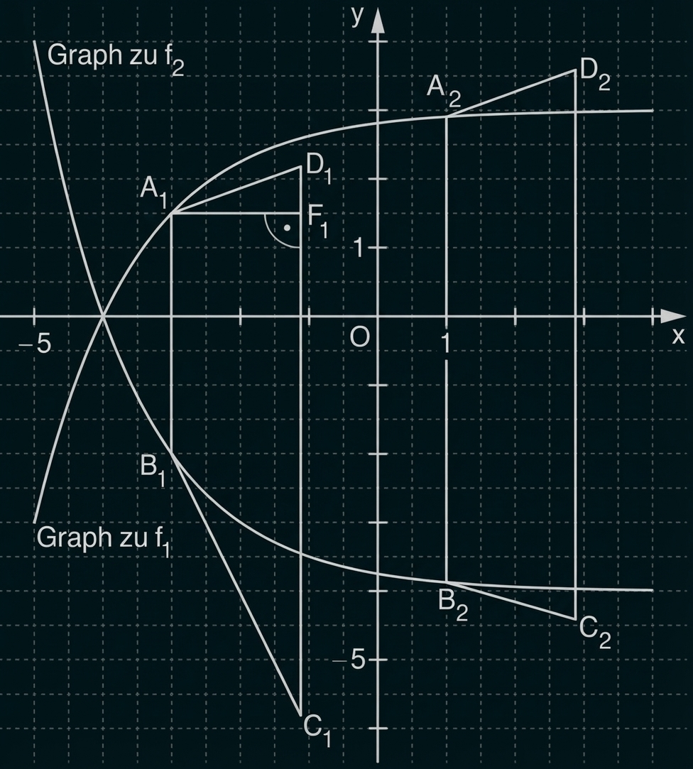 Koordinatensystem mit Gitternetz, zwei Kurven f1 und f2 und markierten Punkten A1,B1,C1,D1,A2,B2,C2,D2.