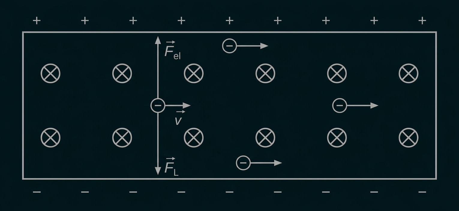 Skizze eines elektrischen Feldes mit Ladungen, Feldlinien und Magnetfeldsymbolen.