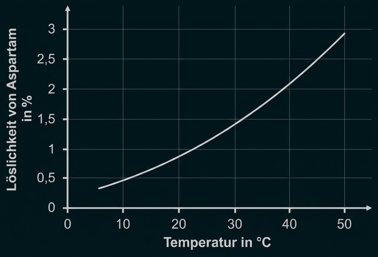 Liniengrafik: Löslichkeit von Aspartam (%) steigt mit Temperatur (°C) von ~0,3% bei ~5°C auf ~3% bei ~50°C.