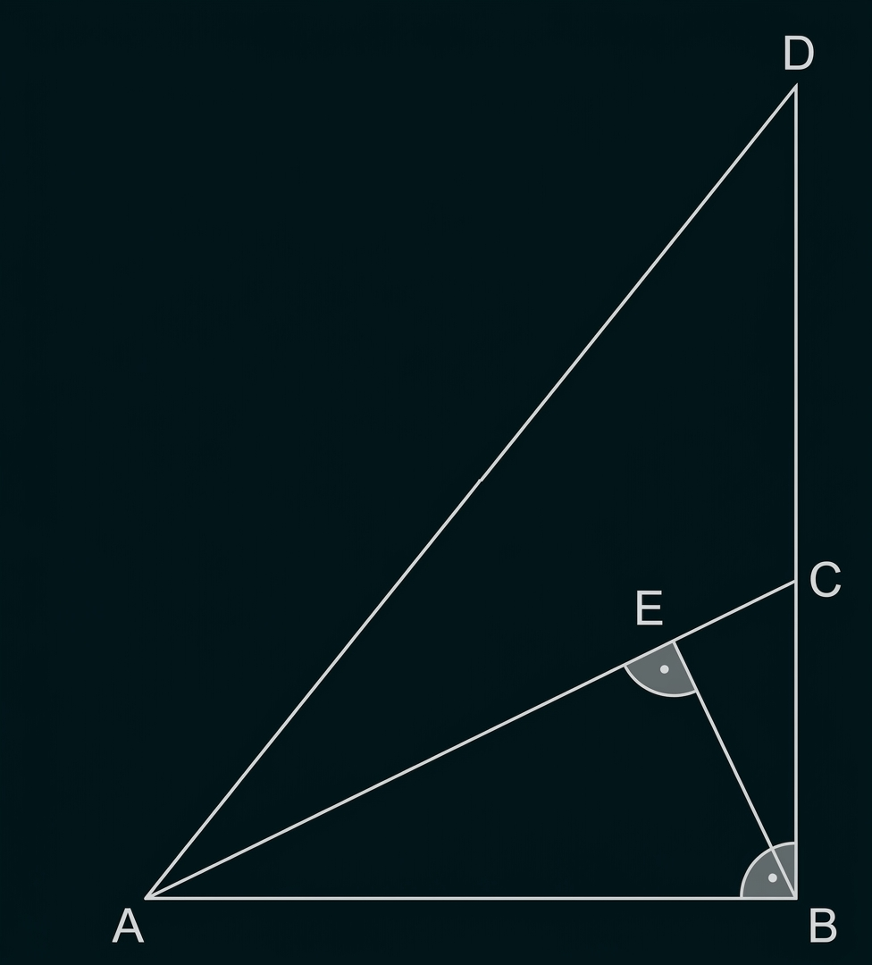 Geometrische Zeichnung mit den Punkten A, B, C, D und E sowie markierten Winkeln.