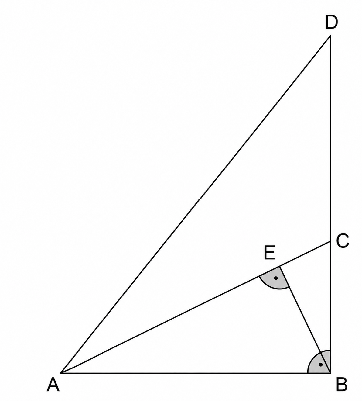 Geometrische Zeichnung mit den Punkten A, B, C, D und E sowie markierten Winkeln.