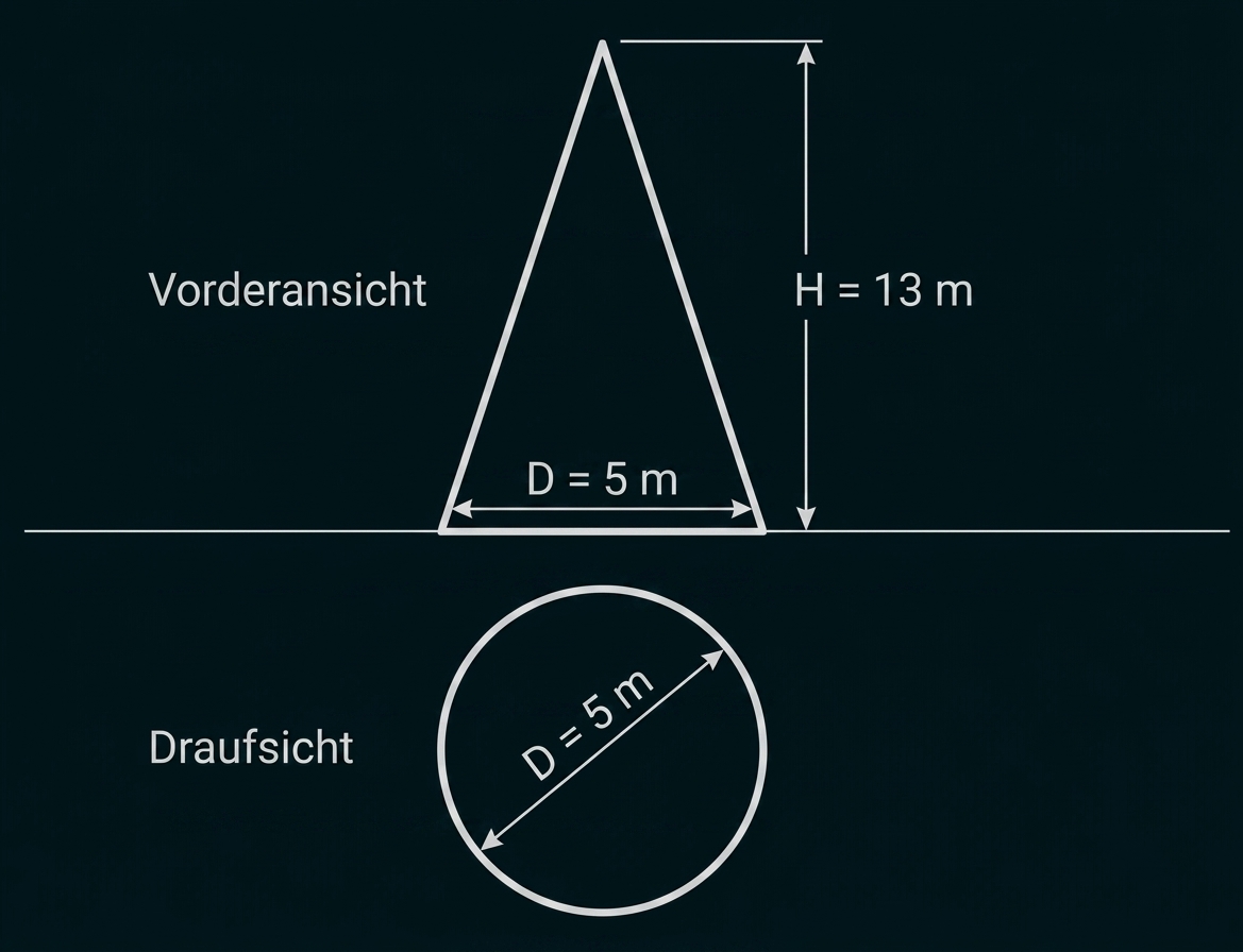 Kegel mit Höhe 13 m und Durchmesser 5 m in Vorder- und Draufsicht.