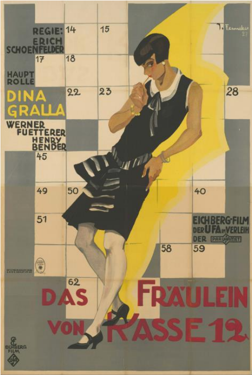 Vintage-Filmplakat: stilisierte Frau in schwarzem Kleid vor kariertem Hintergrund, gelbe Lichtspur und roter Titeltext