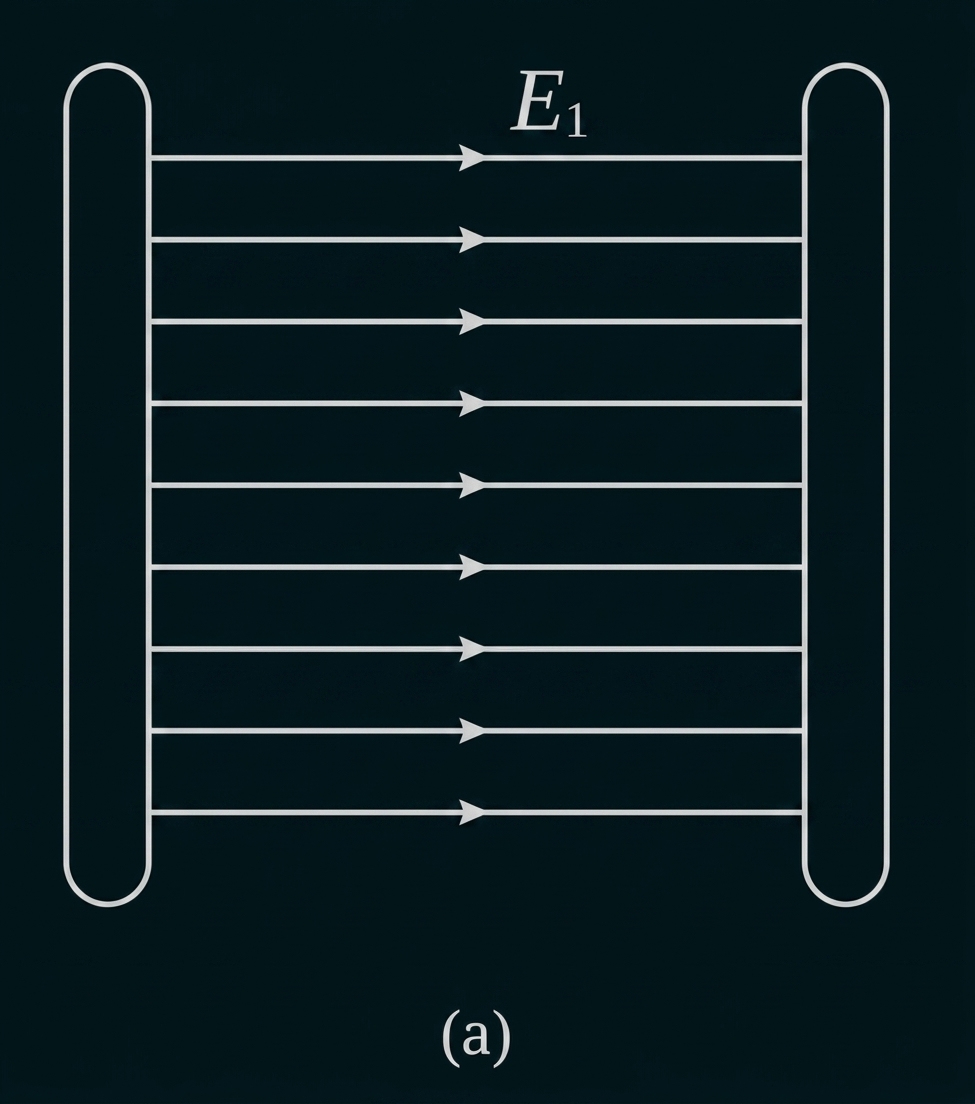 Zwei senkrechte Platten mit mehreren horizontalen Pfeilen nach rechts, beschriftet E1