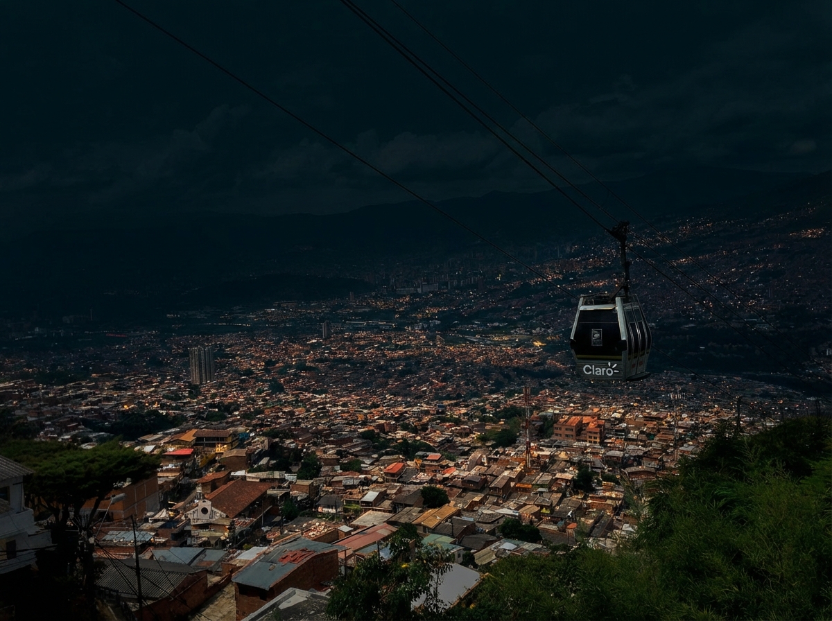 Seilbahn‑Gondel über dicht bebauter Stadt mit Bergen im Hintergrund