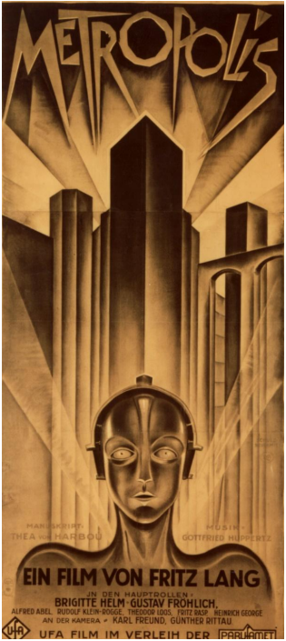 Filmposter Metropolis mit stilisiertem Roboterkopf vor hohen, geometrischen Wolkenkratzern