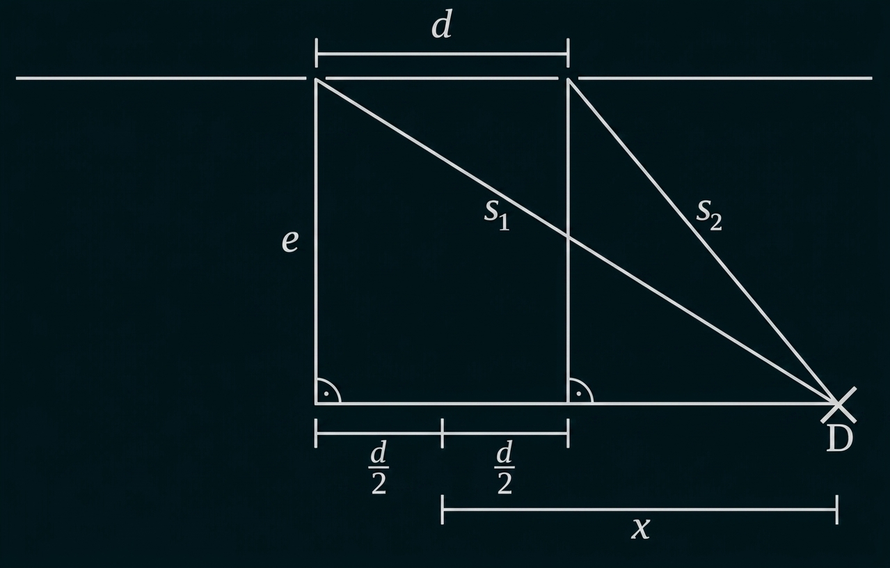 Geometrische Skizze mit zwei rechten Rechtecken, Strecken s1 und s2 nach Punkt D, Maße d, e und x