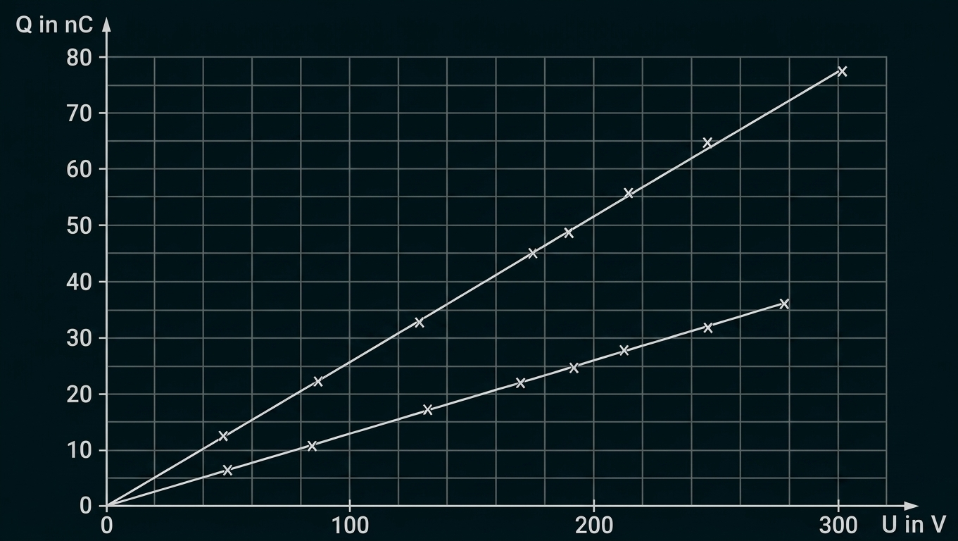 Punktdiagramm mit zwei aufsteigenden Linien, x-Achse U in V, y-Achse Q in nC, Messpunkte und Verbinder.