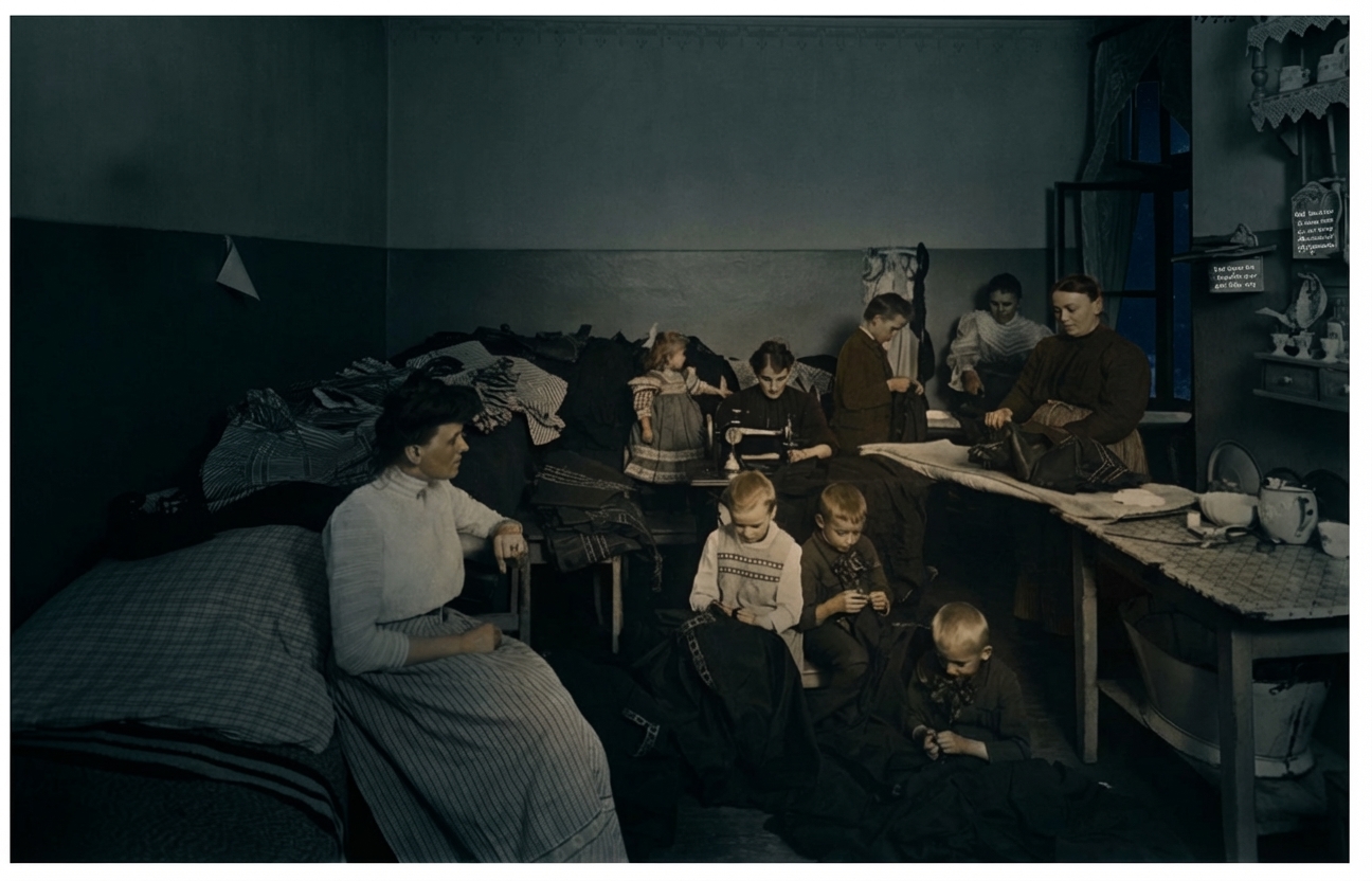 Schwarzweißfoto: Frauen und Kinder in einem Raum beim Nähen und Flicken von Kleidung.