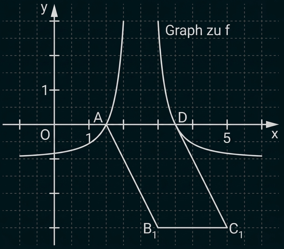 Graph von f mit Koordinatensystem und markierten Punkten A, B und C.
