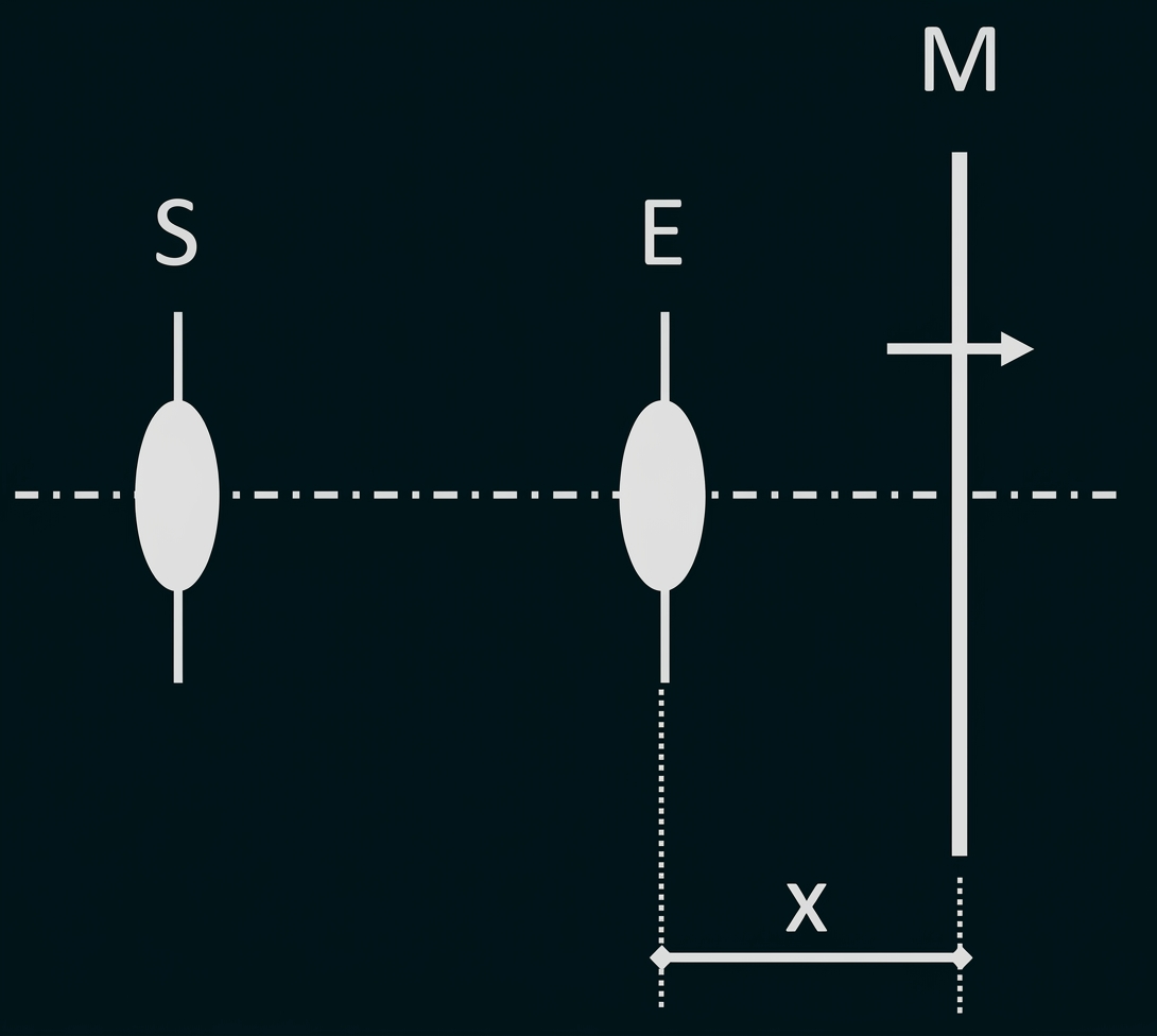 Diagramm mit zwei ovalen Objekten (S, E), einer senkrechten Linie (M) und markiertem Abstand x.