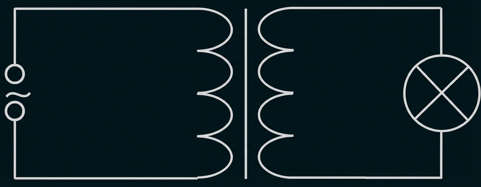 Schematisches Schaltbild eines Transformators mit AC-Eingang links und Lampe an der Sekundärwicklung rechts.