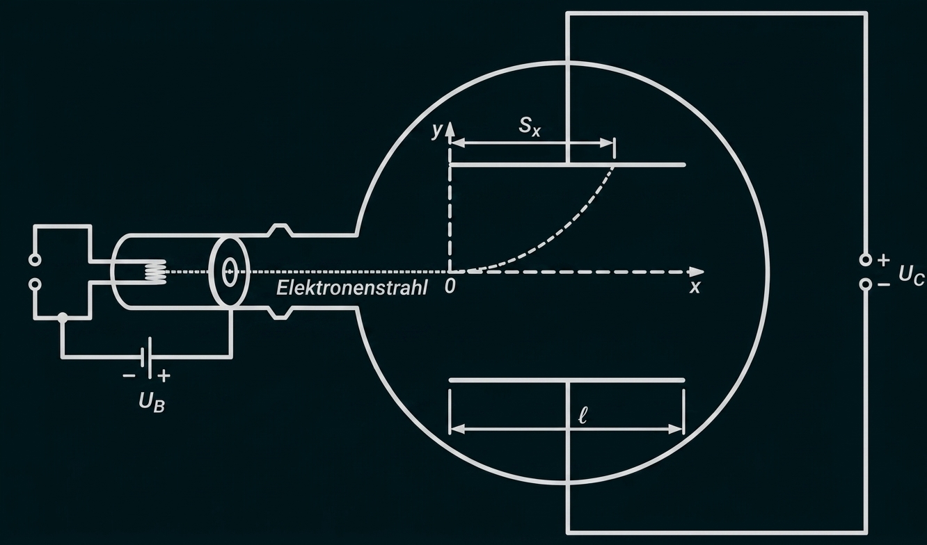 Schematische Zeichnung einer Elektronenstrahlröhre mit Ablenkung durch elektrische Spannung.